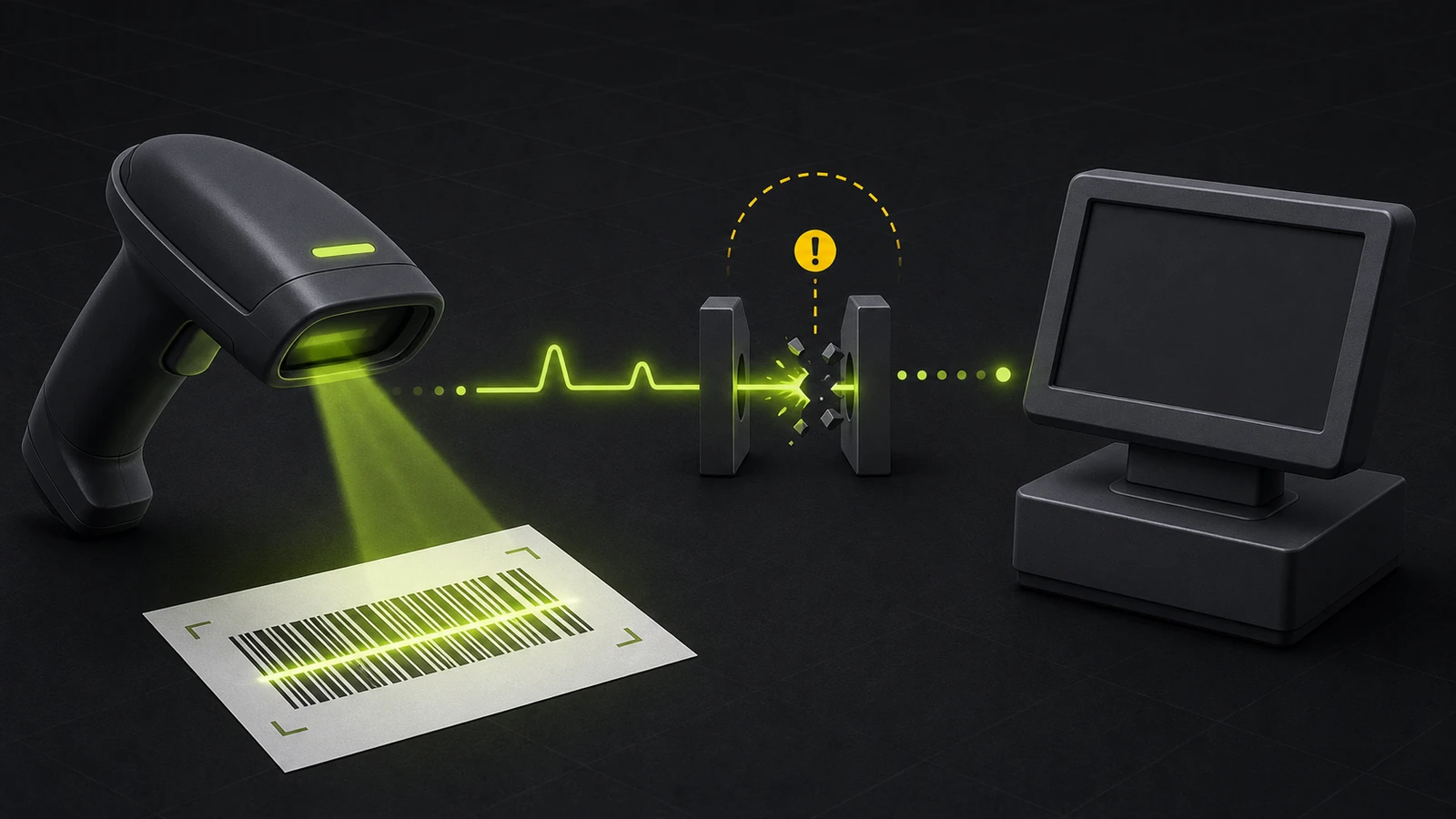 Generic barcode scanner reading a paper code while a lime data signal breaks before reaching a POS terminal