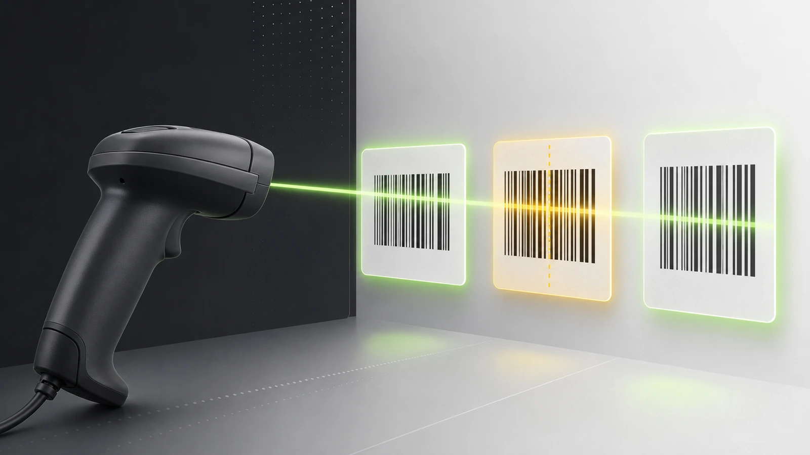 Symbolic barcode scanner reading two labels while a third shows an amber decode interruption