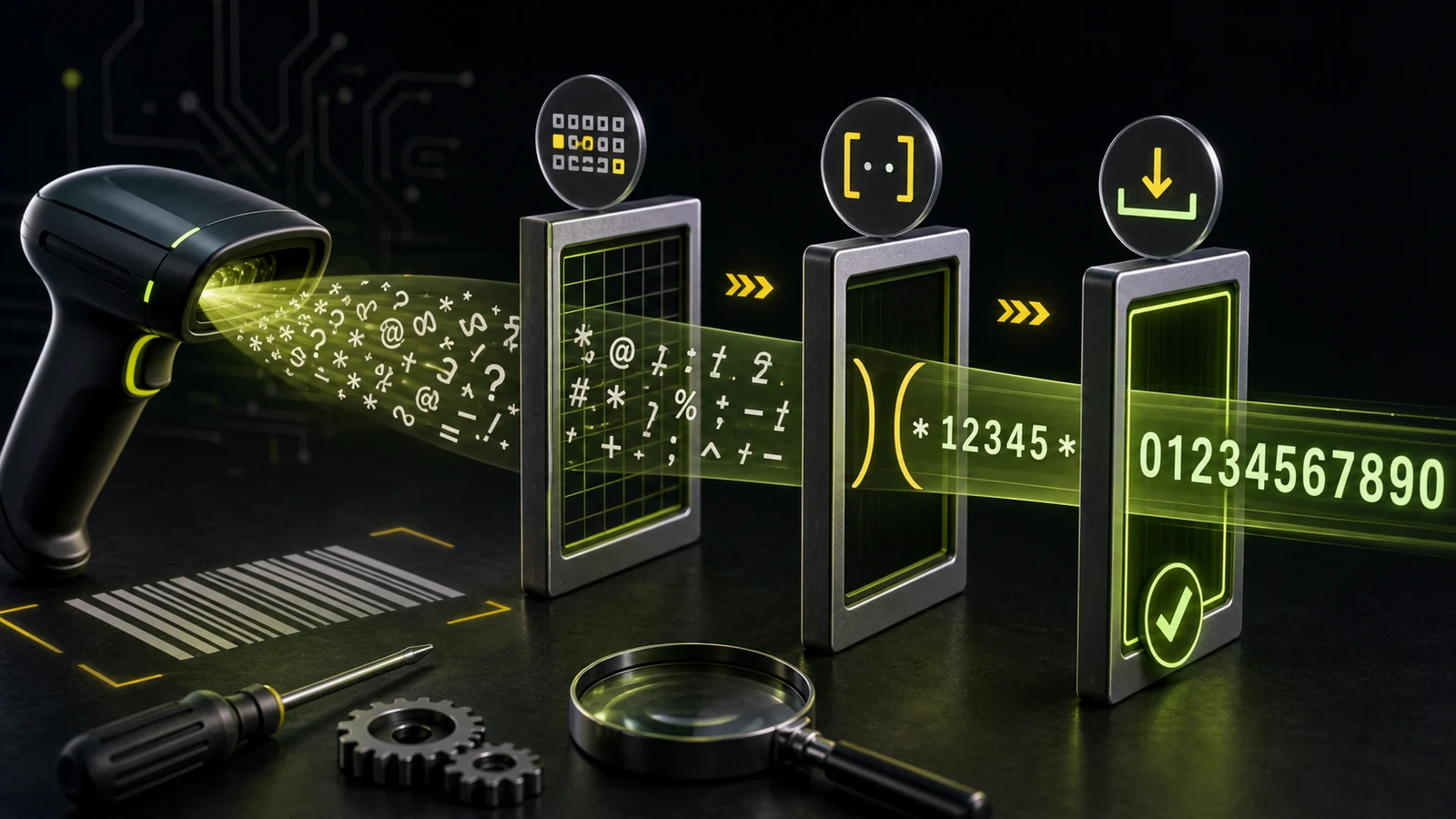 Abstract barcode scanner data stream resolving from scrambled symbols into orderly digits through three diagnostic gates