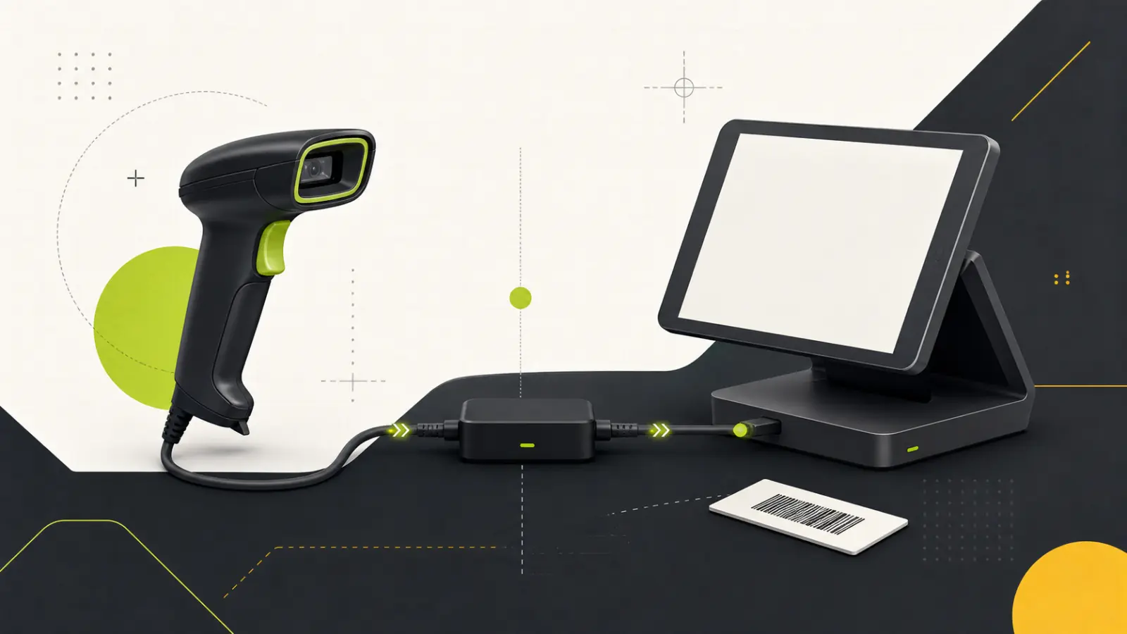 Generic corded barcode scanner connected through a hub to a tablet point-of-sale terminal