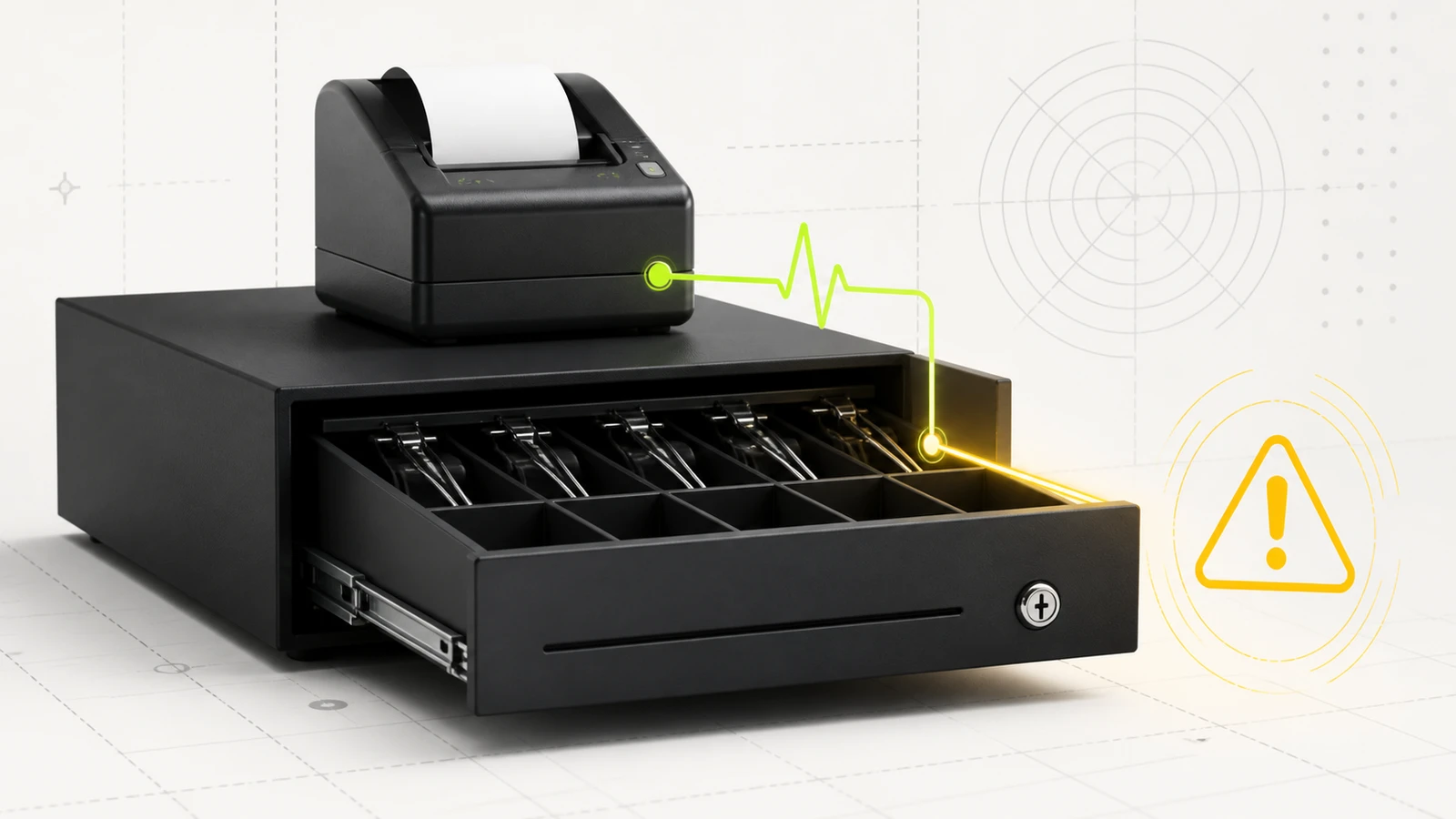 Open cash drawer beneath a receipt printer with a lime signal pulse showing an unexpected trigger