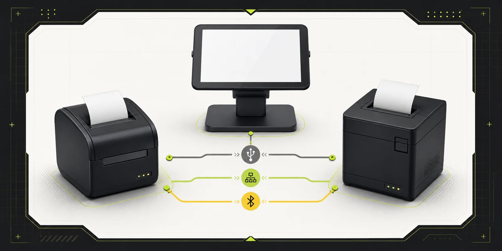 Two generic receipt printers linked to a tablet by USB, Ethernet, and Bluetooth paths