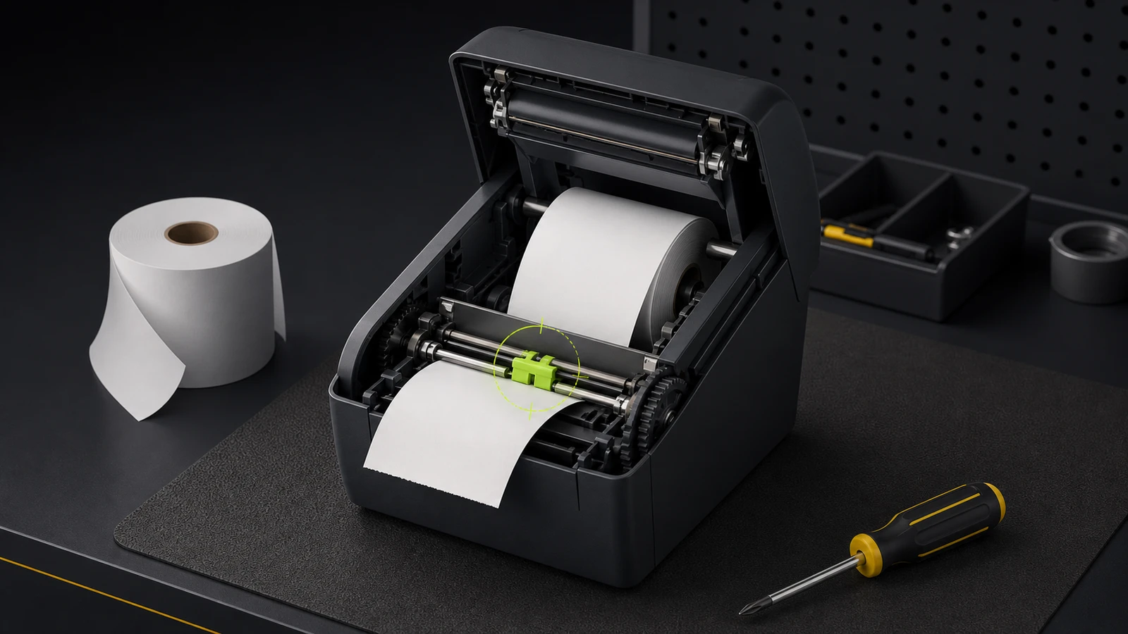 Open generic receipt printer with a highlighted paper-feed checkpoint on a technical service bench