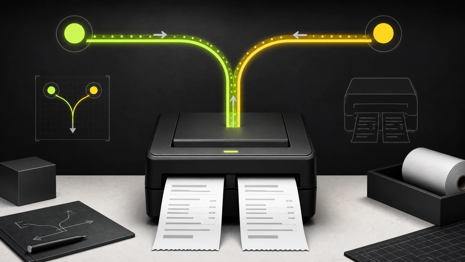 Two luminous print routes converge on a thermal receipt printer producing duplicate receipts.