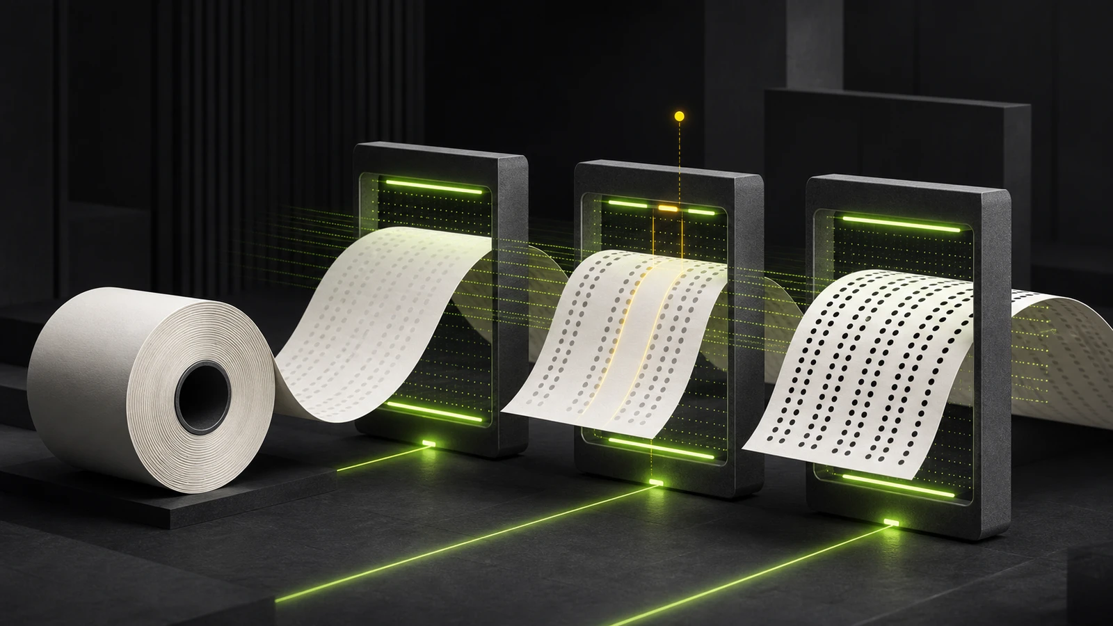 Abstract receipt ribbon passing through three illuminated diagnostic gates from faint to clear print