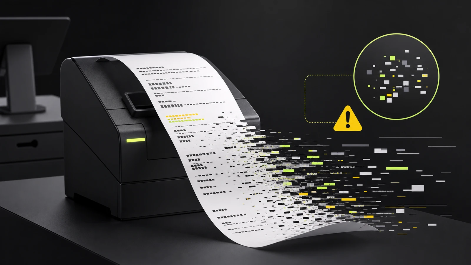 Generic receipt printer producing a paper receipt that breaks into fragmented lime, yellow, and gray data blocks