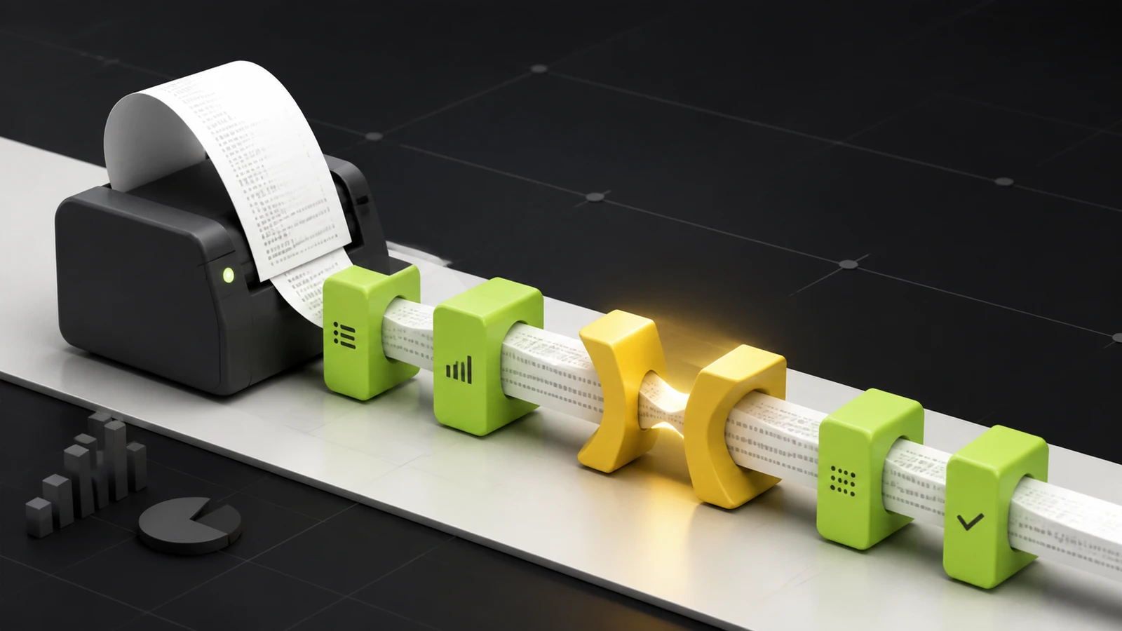 A receipt strip passes through lime checkpoints and narrows at a warm-yellow bottleneck beside a thermal printer.
