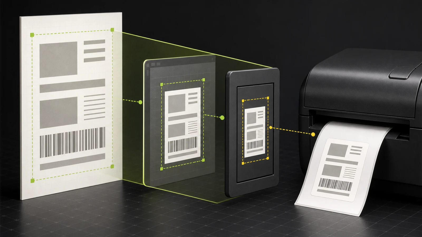 Abstract shipping label passes through document, software, and printer size checkpoints before printing
