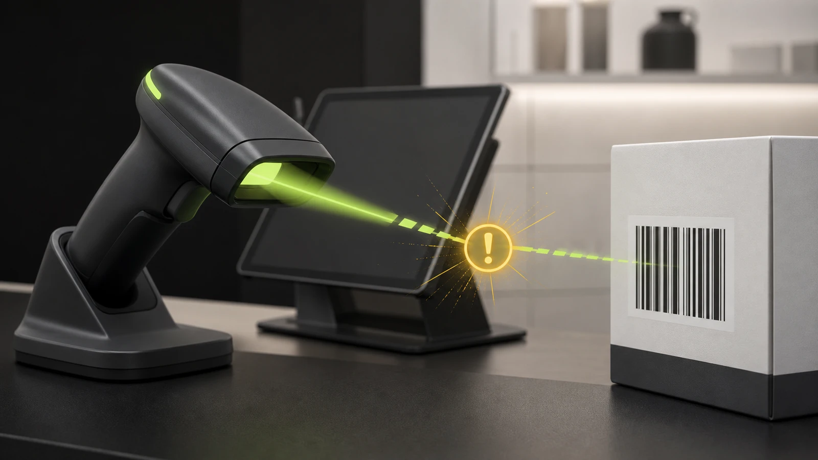 Symbolic barcode scanner beam interrupted before reaching a product barcode