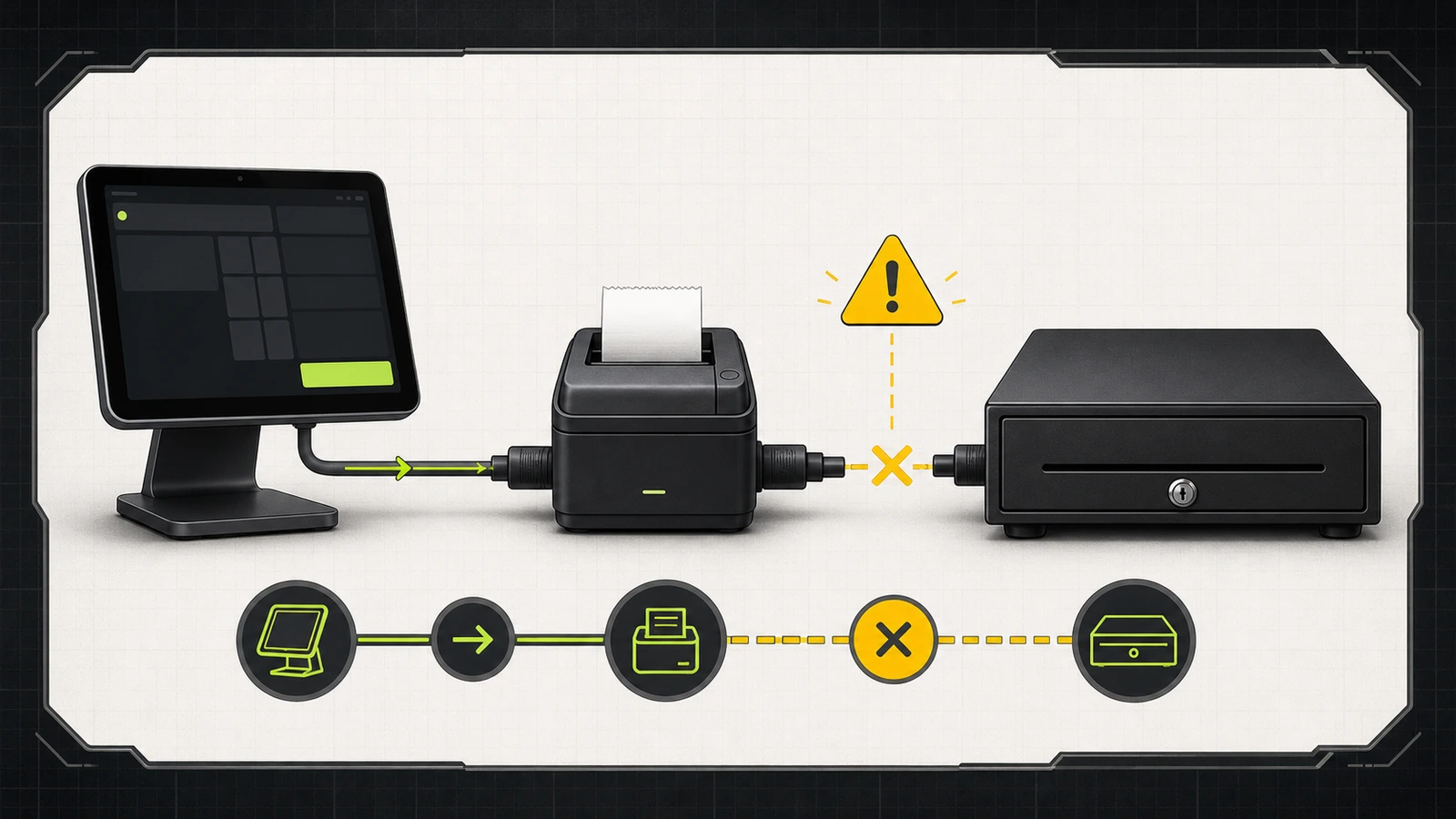 Technical signal path from a tablet and receipt printer to a cash drawer interrupted at the drawer cable