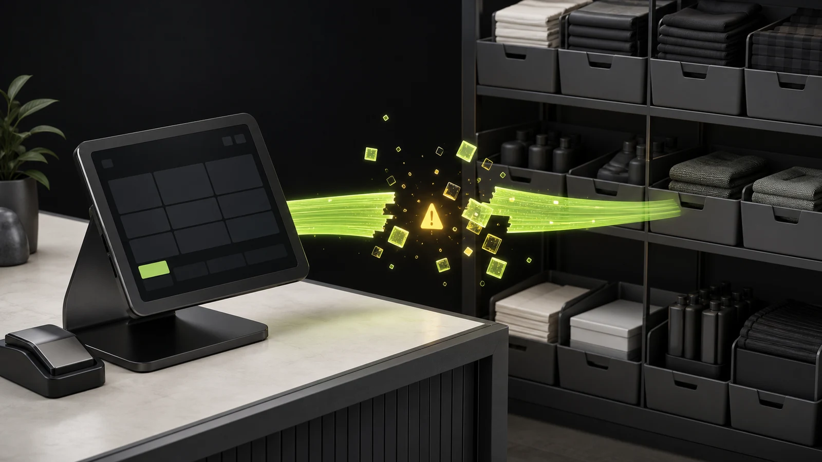 Symbolic checkout terminal and retail stock shelves separated by a broken lime inventory data stream