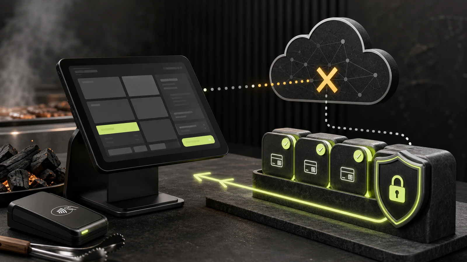 Abstract POS terminal holding card payments safely while its cloud connection is offline