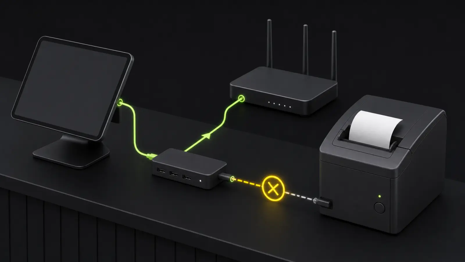 Generic tablet POS, router, USB hub, and thermal receipt printer with a highlighted connection failure