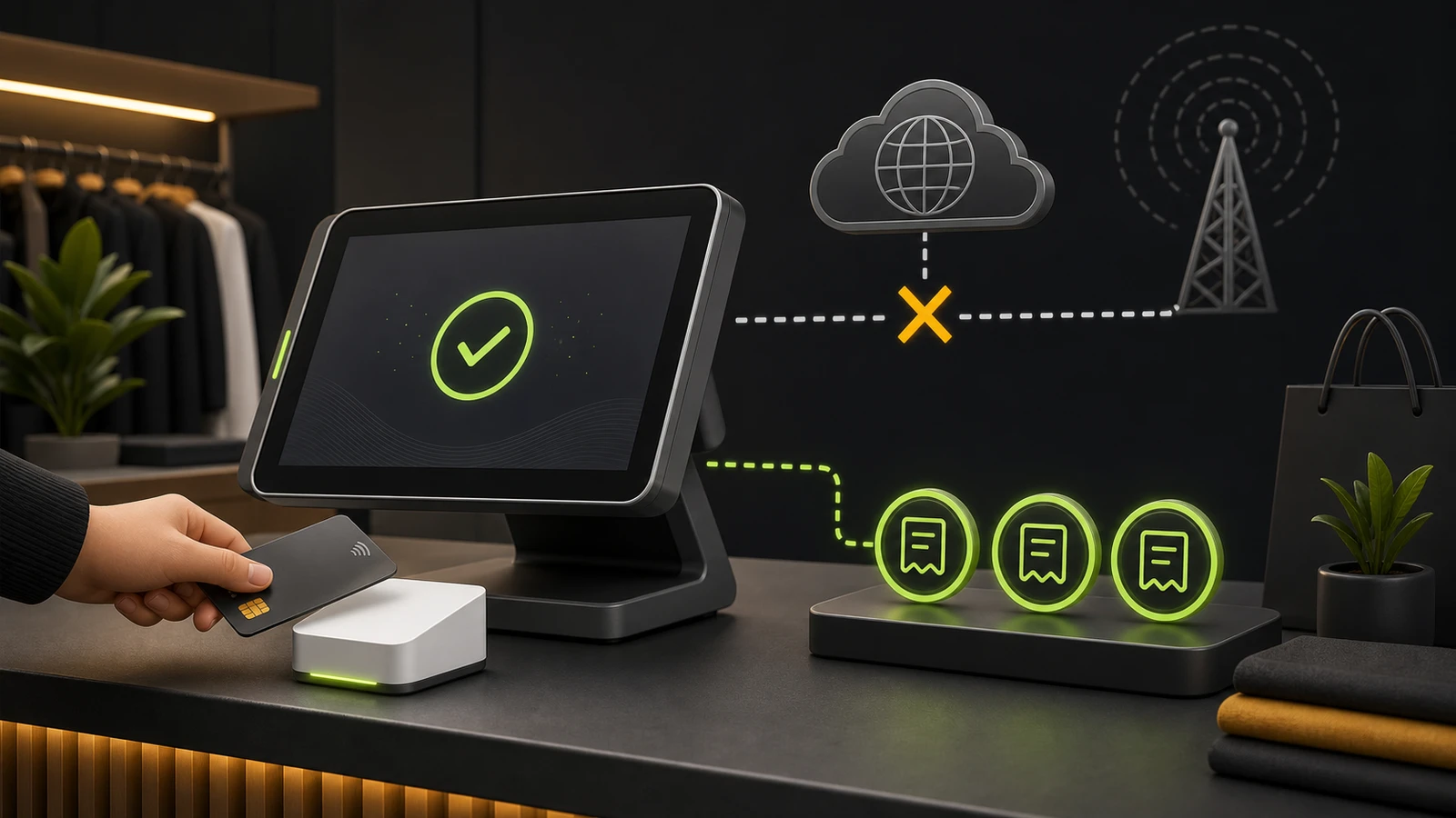 Retail checkout continuing with locally stored payment tokens while its internet connection is interrupted