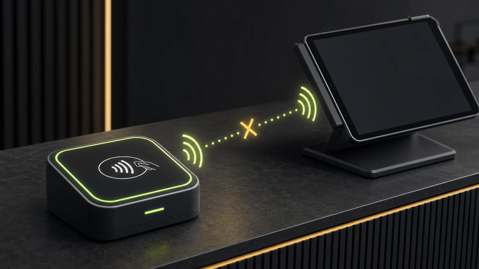 Symbolic contactless card reader with a broken wireless connection to a point-of-sale tablet