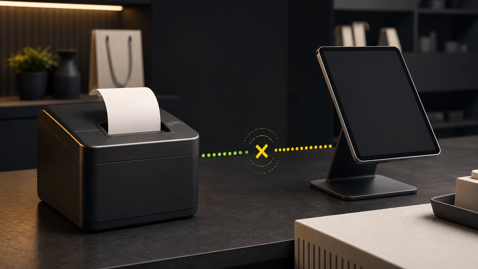 Symbolic receipt printer and point-of-sale tablet separated by a broken data connection