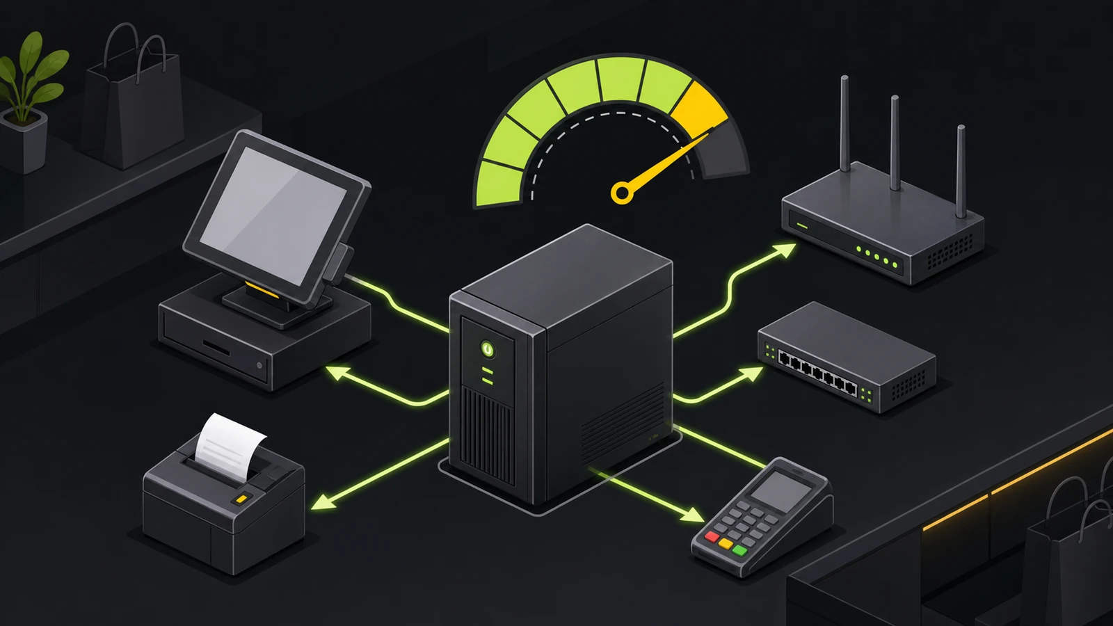 Generic UPS distributing protected power to a POS terminal, router, switch, receipt printer, and payment reader
