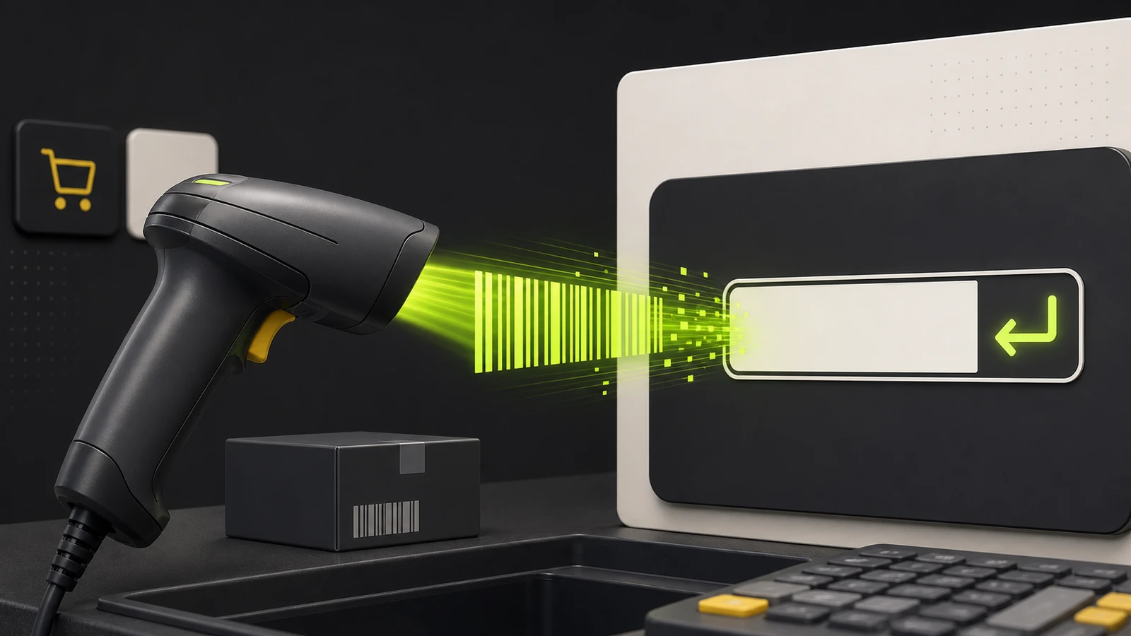 Generic handheld barcode scanner sending a lime barcode stream and return-arrow command into a checkout field