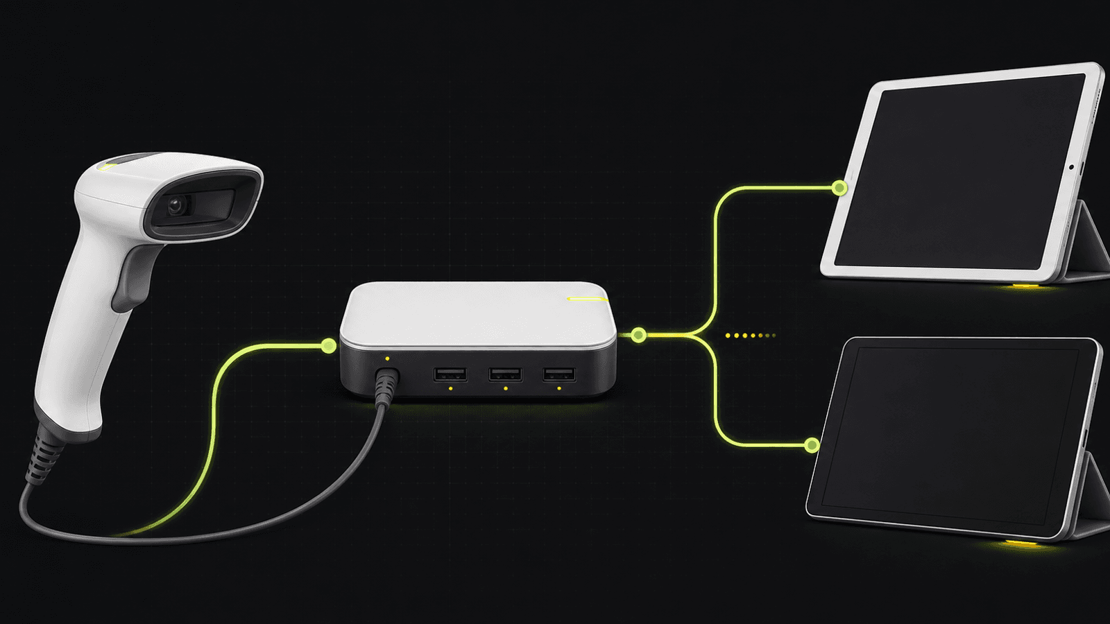 Illustration of a wired barcode scanner connected through a USB hub to two tablet POS configurations.