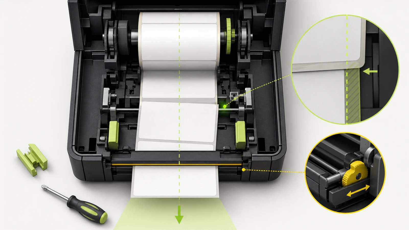 Cutaway illustration of a thermal label path with a lime alignment guide and sensor callouts