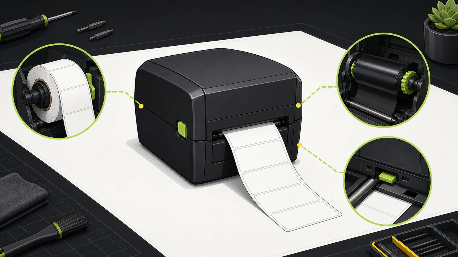 Generic thermal label printer with blank labels and callouts for the media roll, ribbon, and sensor