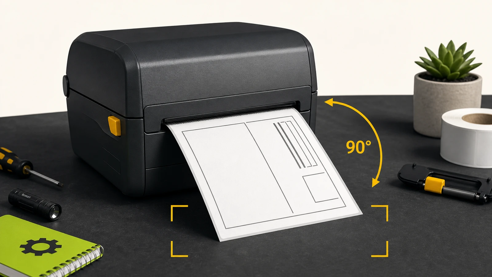 Generic thermal label printer feeding a sideways label beside a yellow rotation guide
